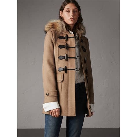 burberry wool duffle coat with fur trimmed hood|Burberry camel duffle coat.